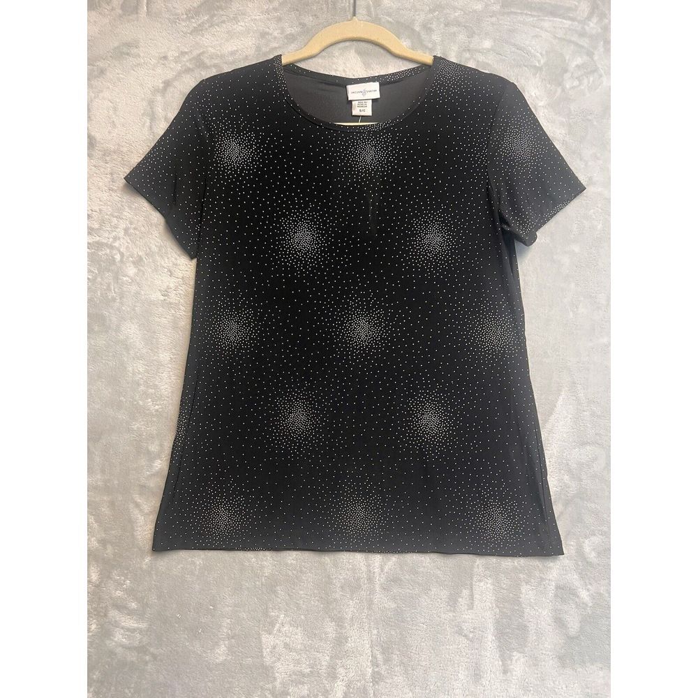 Jaclyn‎ Smith Womens Sz S Short Sleeve Blouse Black Silver Metallic